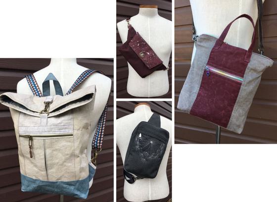Custom handmade fabric backpacks and tote bags crafting class.