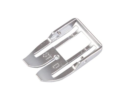 A metal Janome AccuFeed straight stitch presser foot attachment.