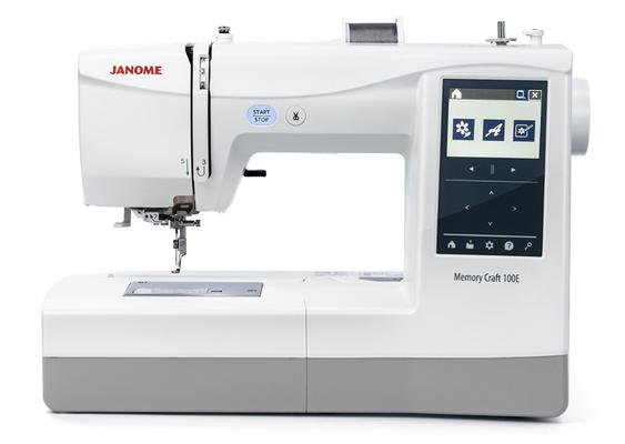 Janome Memory Craft 100E standalone embroidery machine isolated on a white background.