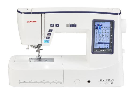 Janome Skyline S7 Anniversary Edition computerized sewing machine isolated on a white background.