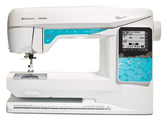 Husqvarna Viking Opal 670 computerized sewing machine isolated on a white background.