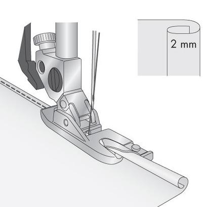 A 4mm rolled hem presser foot folding and stitching a clean rolled edge on red fabric.