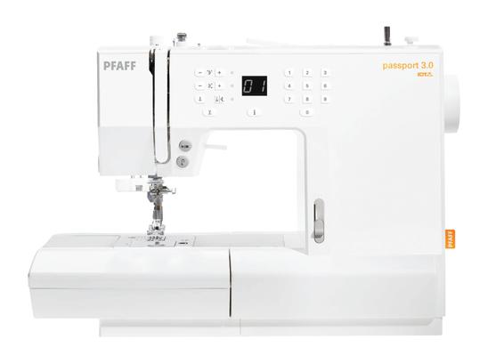 Pfaff Passport 3.0 compact computerized sewing machine isolated on a white background.