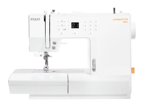 Pfaff Passport 3.0 compact computerized sewing machine isolated on a white background.