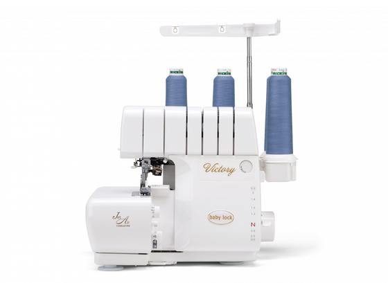 Baby Lock Victory 4-thread premium computerized air-threaded serger isolated on a white background.